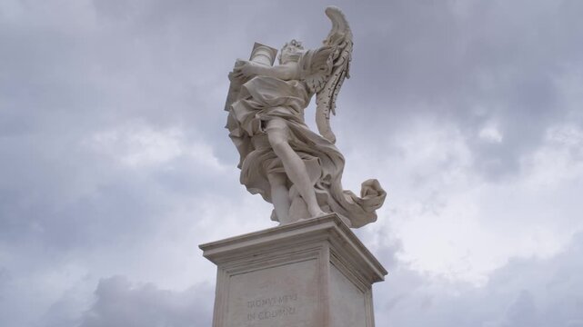 Baroque Marble Angel Statue on Bridge of Angels Ponte Sant Angelo Rome Italy Summer Shot with Cinema Camera