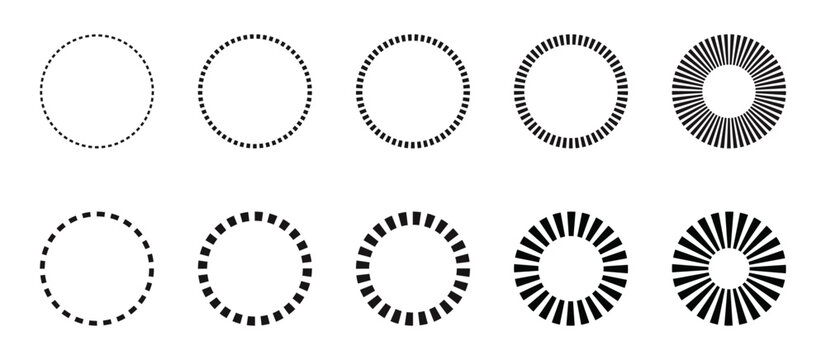 Progressive radial dashed circles and growth indicator, abstract geometric circle frames vector pack
