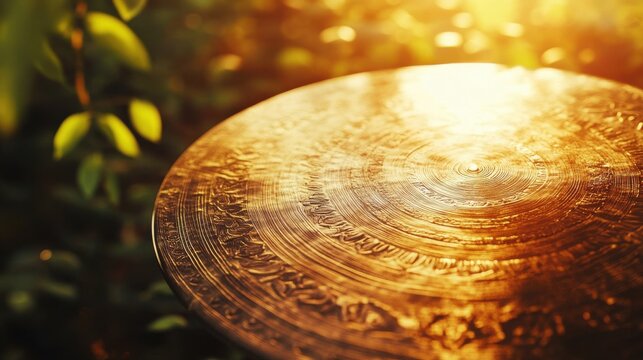 Close up of a decorative golden gong with intricate patterns