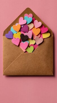 A kraft envelope overflows with colorful paper hearts against a pink background, symbolizing love and affection.