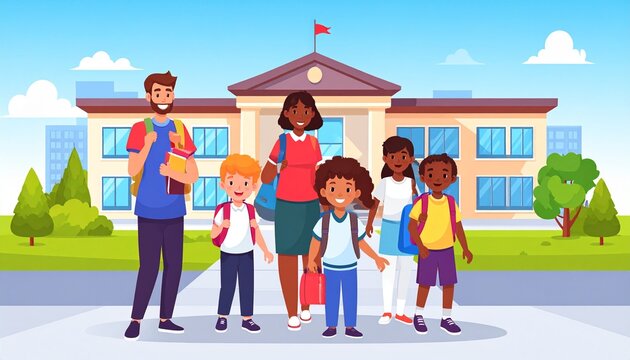 Premium back to school illustration featuring cheerful elementary students arriving at a modern school campus with colorful backpacks, warmly greeted by teachers and parents. Diverse and inclusive edu