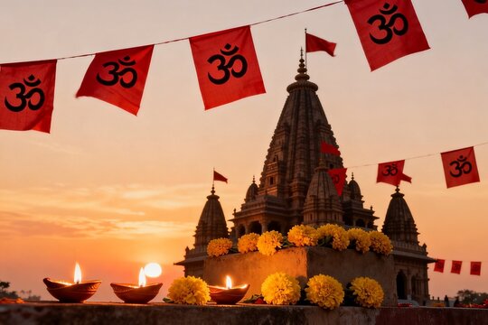 Temple at Sunset with Om Flags and Diwali Candles