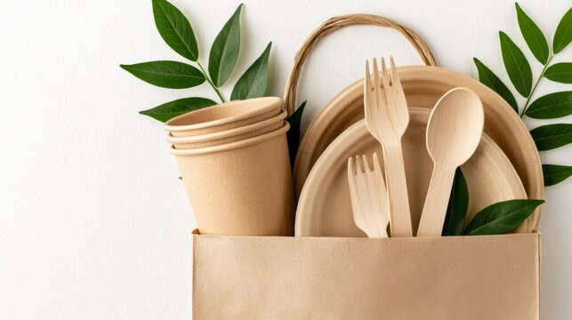 Eco friendly paper cups plates and wooden cutlery in kraft bag with green leaves