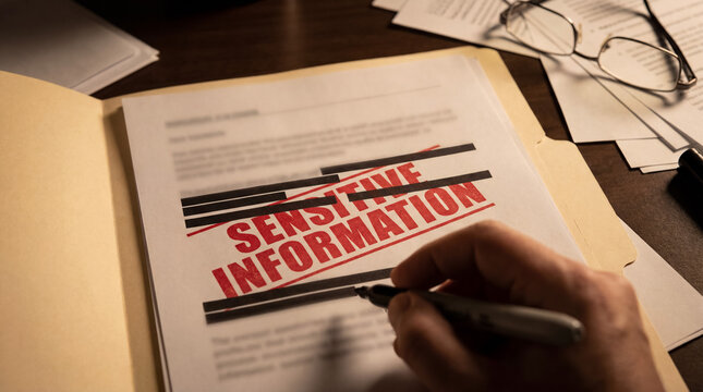 Hand redacting classified document for privacy and security, concealing sensitive information with black marker
