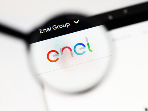 Milan, Italy 2026, 20 Apr Closeup of Enel website on a laptop screen. Enel logo under a magnifying glass.