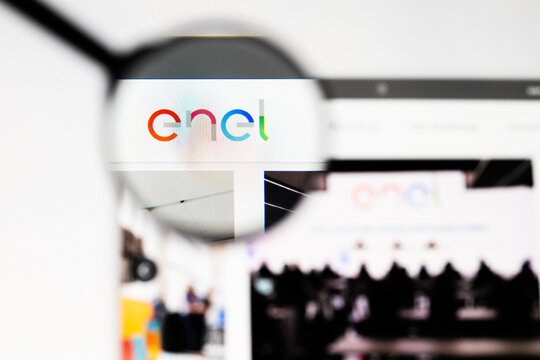 Milan, Italy 2026, 20 Apr Closeup of Enel website on a laptop screen. Enel logo under a magnifying glass.