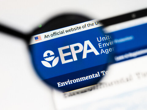 Milan, Italy 2026, 20 Apr Closeup of EPA Environmental Protection Agency EPA website on a laptop screen. EPA Environmental Protection Agency EPA logo under a magnifying glass.