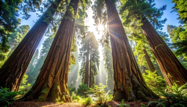 Sunlight Filtering Through Tall Forest Trees.
