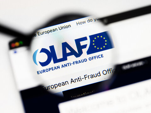 Milan, Italy 2026, 20 Apr Closeup of European Anti-Fraud Office OLAF website on a laptop screen. European Anti-Fraud Office OLAF logo under a magnifying glass.
