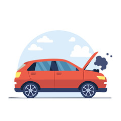 Fototapeta premium Broken down car with open hood and smoke