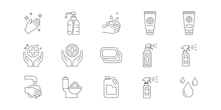  Hygiene and cleaning line icon set with hand wash, sanitizer, soap and disinfectant symbols