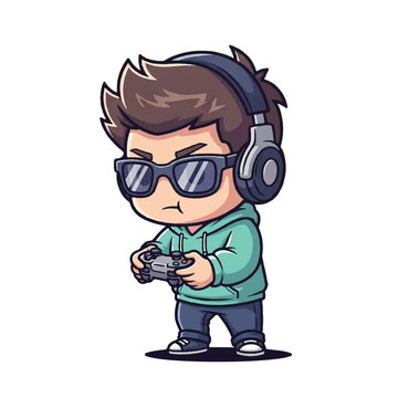 Young gamer wearing headphones and sunglasses.
