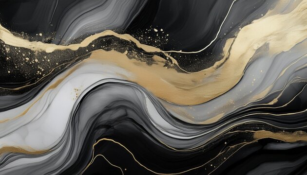 Monocolor Alcohol Ink Marbling Raster Background Liquid Waves And Stains Black And Gold Abstract Fluid Art Acrylic And Oil Paint Flow Monochrome Contemporary Backdrop Black Marble With Golden Vein