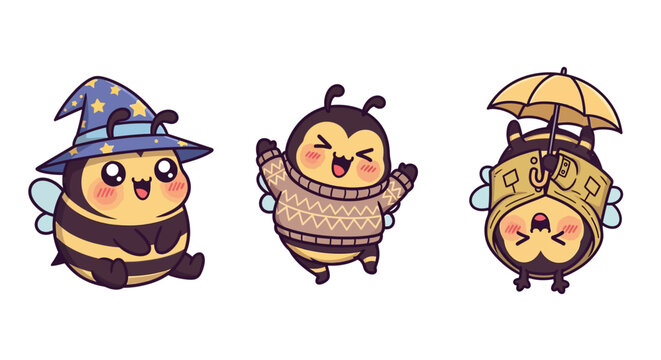 Whimsical cartoon bees in fun magical costumes and poses.