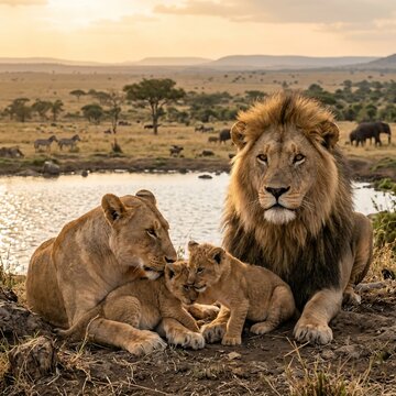 Lion family resting by serene savannah lake at sunset