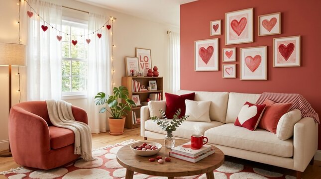 Cozy living room decorated for Valentine's Day with heart decor
