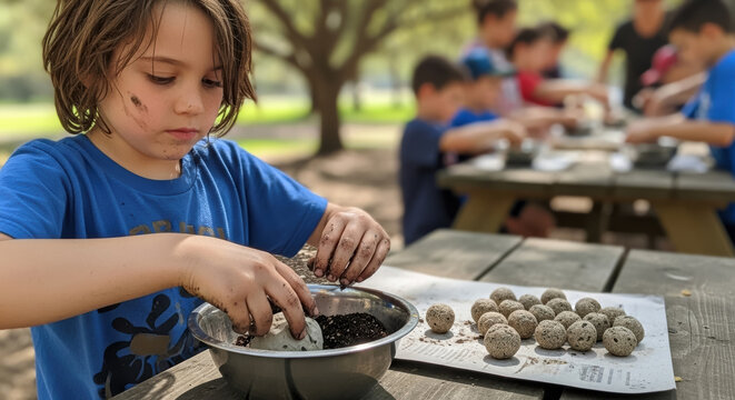 Young Boy Making Seed Balls During Outdoor Nature Education Class
