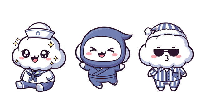 Cute Cartoon Cloud Characters in Various Fun Costumes.