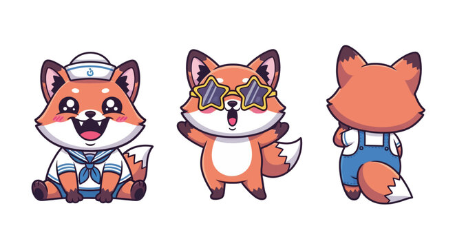 Cute Cartoon Foxes in Various Playful Outfits and Poses.