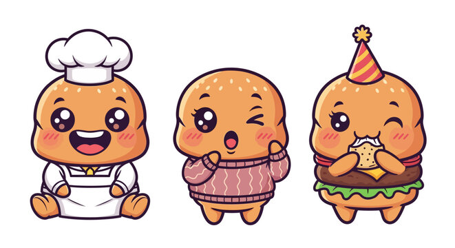 Cute Cartoon Bread Characters in Various Outfits and Roles.