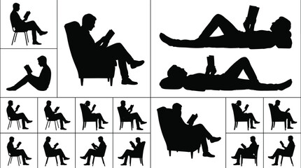 Obraz premium Set of man reading books silhouettes in various poses sitting on chairs armchairs and lying down isolated on white background