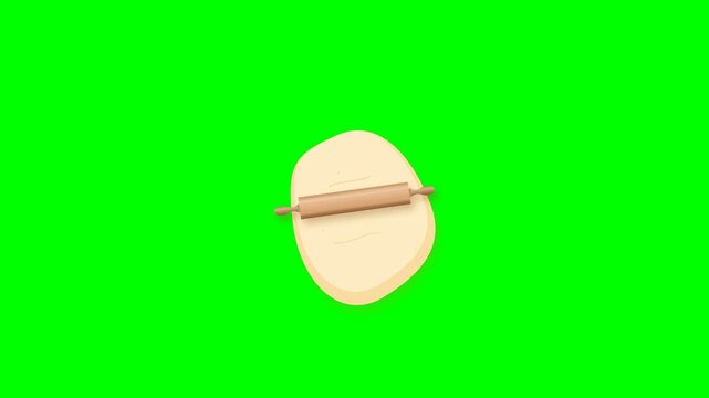 Flat Vector Animation of Rolling Pin Flattening Pastry Dough on Green Screen Chroma Key