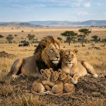 Lion family resting together on savannah grassland