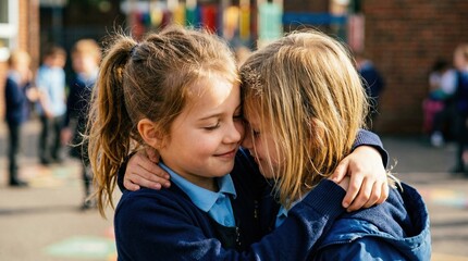 Fototapeta premium Two young school girls hugging with heads touching on a playground. Close contact and head lice transmission risk among children