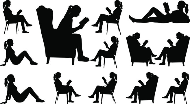 Set of woman reading books silhouettes in various poses sitting on chairs armchairs and floor isolated on white background