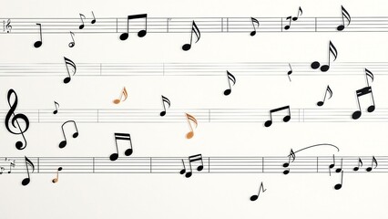 Fototapeta premium Minimal music notes background with black notes and staff lines on white, clean modern design for music education, concerts and creative projects.