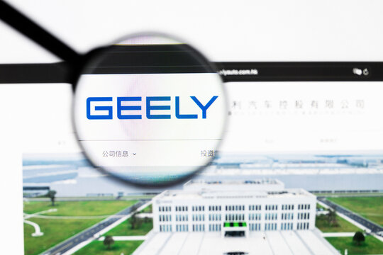 Milan, Italy 2026, 20 Apr Closeup of Geely Automobile Holdings website on a laptop screen. Geely Automobile Holdings logo under a magnifying glass.