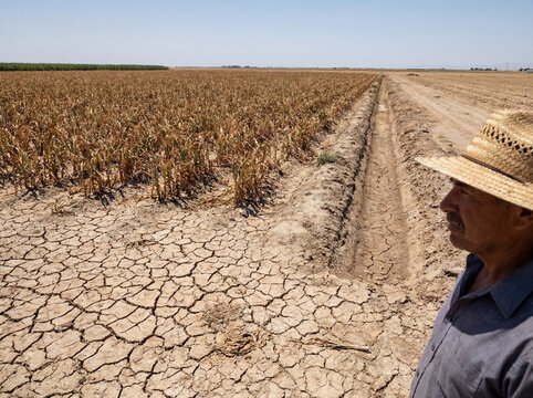 Farmer in a straw hat surveying a parched agricultural field with cracked earth and dry, dead crops under a clear sky