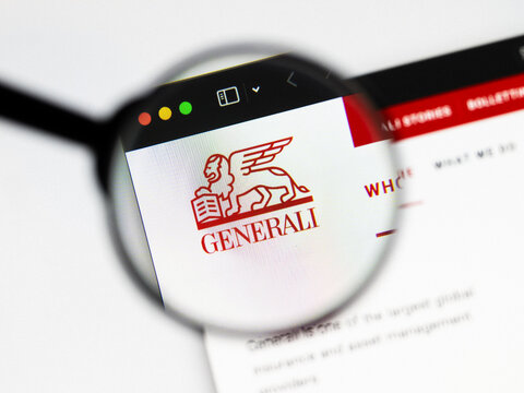 Milan, Italy 2026, 20 Apr Closeup of Generali Group website on a laptop screen. Generali Group logo under a magnifying glass.