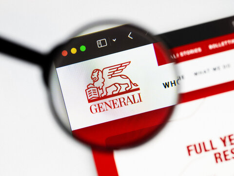 Milan, Italy 2026, 20 Apr Closeup of Generali Group website on a laptop screen. Generali Group logo under a magnifying glass.