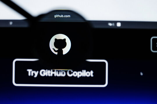 Milan, Italy 2026, 20 Apr Closeup of GitHub Copilot website on a laptop screen. GitHub Copilot logo under a magnifying glass.