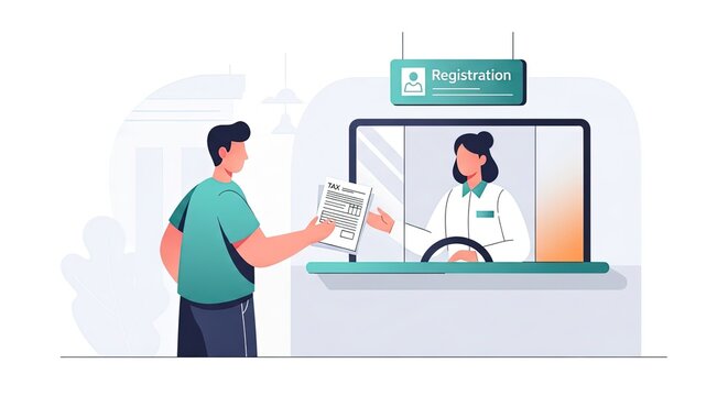 Man submitting tax document to a clerk at a public registration