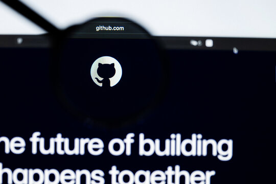 Milan, Italy 2026, 20 Apr Closeup of GitHub Copilot website on a laptop screen. GitHub Copilot logo under a magnifying glass.