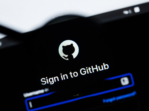 Milan, Italy 2026, 20 Apr Closeup of GitHub Copilot website on a laptop screen. GitHub Copilot logo under a magnifying glass.