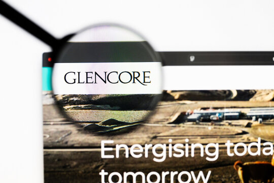 Milan, Italy 2026, 20 Apr Closeup of Glencore International website on a laptop screen. Glencore International logo under a magnifying glass.