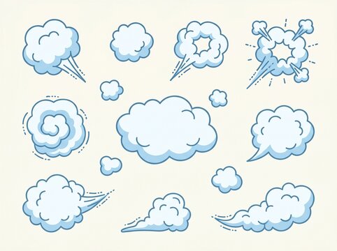 Cartoon vector set of various smoke, steam, and dust cloud effects with different shapes and movements, isolated on a light background.