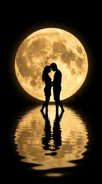 Romantic Couple Silhouette Under Full Moonlight Reflection