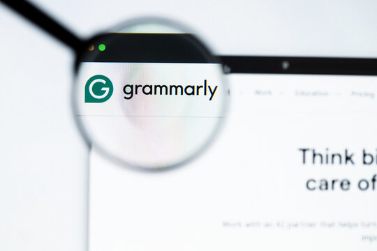 Milan, Italy 2026, 20 Apr Closeup of grammarly website on a laptop screen. grammarly logo under a magnifying glass.