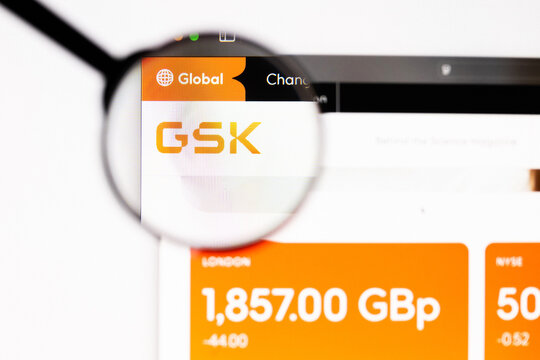 Milan, Italy 2026, 20 Apr Closeup of GSK website on a laptop screen. GSK logo under a magnifying glass.