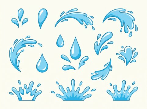 A collection of various cartoon blue water splashes, drops, and liquid elements illustrating dynamic motion and fluid shapes on a light background.