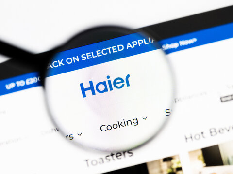 Milan, Italy 2026, 20 Apr Closeup of Haier Smart Home website on a laptop screen. Haier Smart Home logo under a magnifying glass.