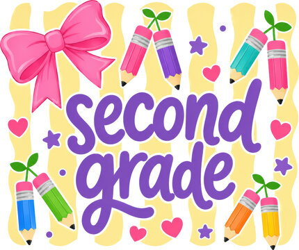 Colorful second grade school design with playful pencils, hearts, and bright lettering. Perfect for classroom decor, school banners, and education promotions