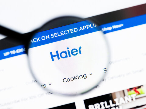 Milan, Italy 2026, 20 Apr Closeup of Haier Smart Home website on a laptop screen. Haier Smart Home logo under a magnifying glass.