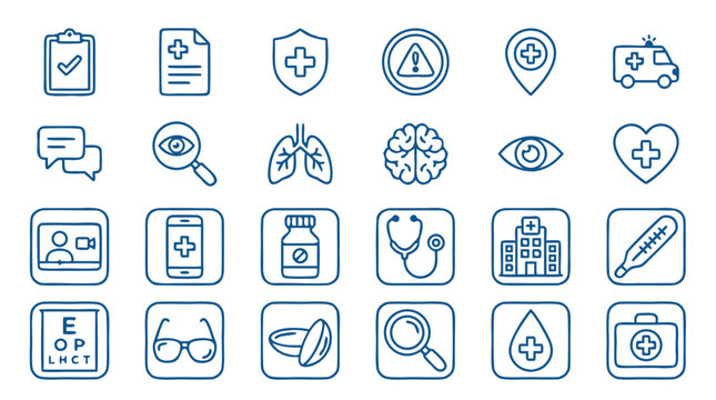 Comprehensive collection of twenty-four unique eye care and telemedicine healthcare icons featuring medical clipboards, vision charts, magnifying glasses, and digital ophthalmic diagnostic tools.