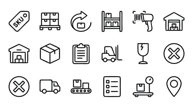 Comprehensive vector line icon set with sixteen unique symbols for UI/UX design, featuring inventory management, SKU tracking, pallets, restocking, warehouse logistics, and barcode scanners tools.