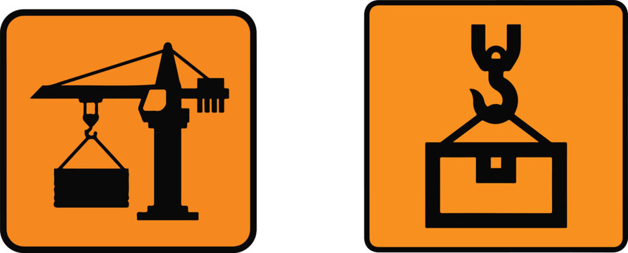 Industrial icons of crane and hook lifting objects on transparent background